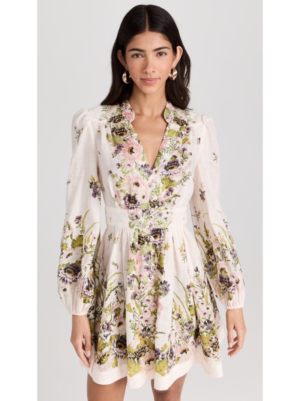 Zimmermann Halliday Floral Long Sleeve Linen Mini Dress Cream Multi US 12 NWT